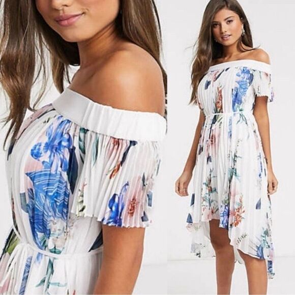 Ted Baker Luner Jamboree Pleated Off Shoulder Hi Low Dress TB 1 US 4 - Picture 2 of 13